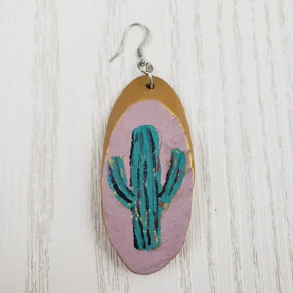 Wood Oval SINGLE Earring Cactus Painted Drop - Picture 2 of 5